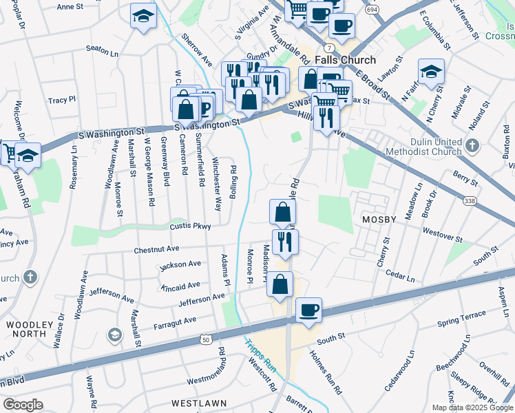 map of restaurants, bars, coffee shops, grocery stores, and more near 2871 Great Oak Court in Falls Church