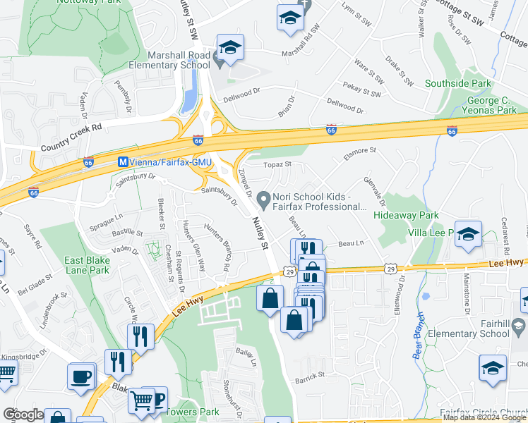 map of restaurants, bars, coffee shops, grocery stores, and more near 2911 Swanee Lane in Fairfax