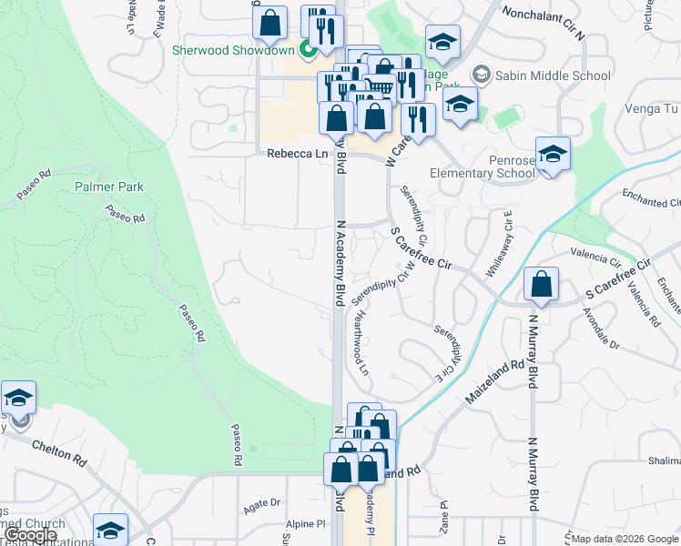map of restaurants, bars, coffee shops, grocery stores, and more near 2957 North Academy Boulevard in Colorado Springs