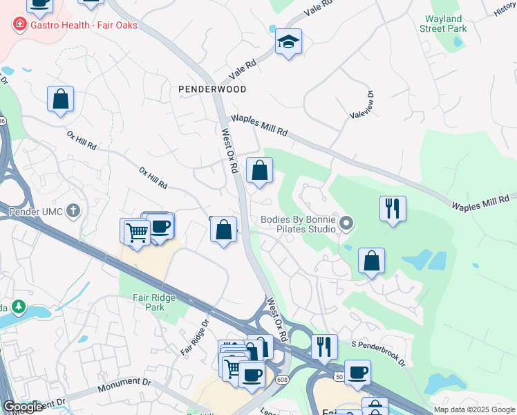 map of restaurants, bars, coffee shops, grocery stores, and more near 12113 Greenway Court in Fairfax