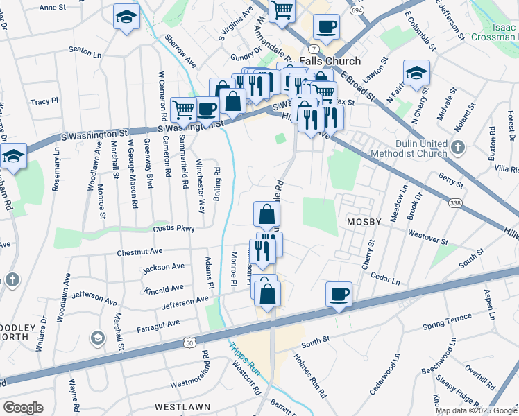 map of restaurants, bars, coffee shops, grocery stores, and more near 2844 Annandale Road in Falls Church