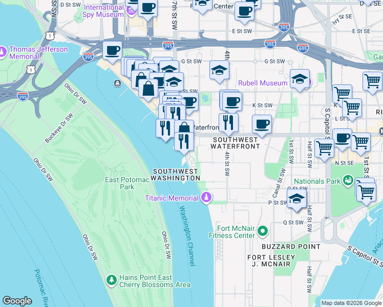 map of restaurants, bars, coffee shops, grocery stores, and more near 525 Water Street Southwest in Washington