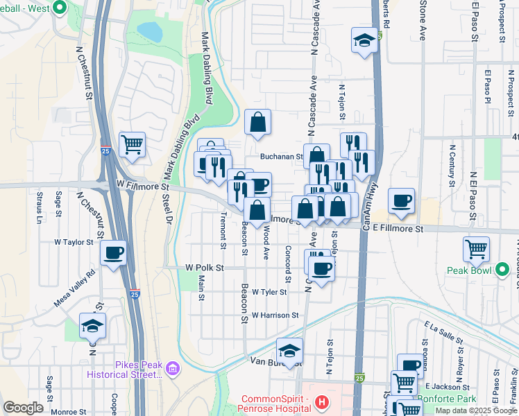 map of restaurants, bars, coffee shops, grocery stores, and more near 170 West Fillmore Street in Colorado Springs
