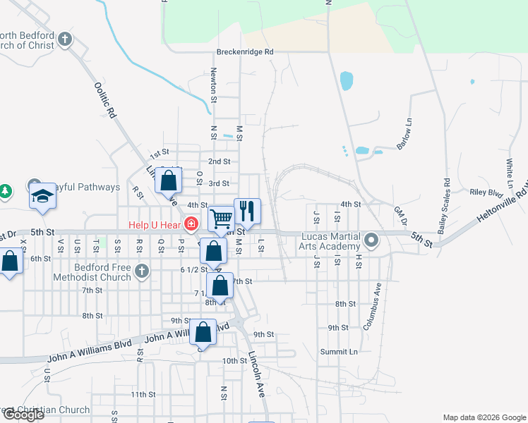 map of restaurants, bars, coffee shops, grocery stores, and more near 402 L St in Bedford