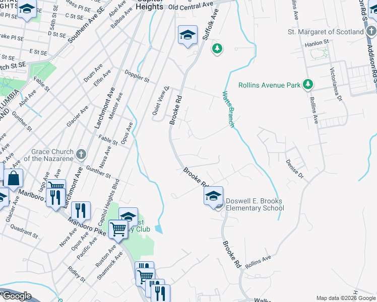 map of restaurants, bars, coffee shops, grocery stores, and more near 5406 Vergo Road in Capitol Heights