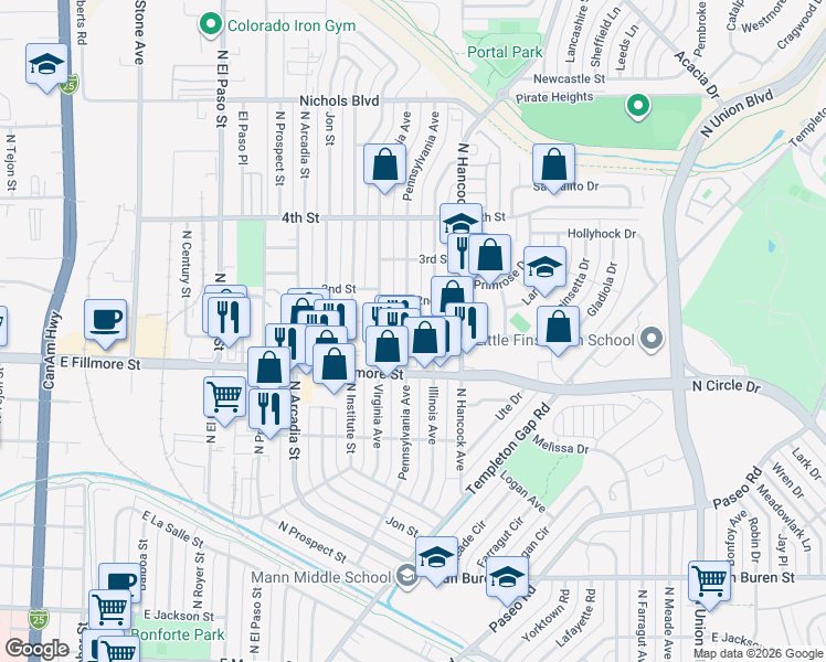 map of restaurants, bars, coffee shops, grocery stores, and more near 3025 Pennsylvania Avenue in Colorado Springs