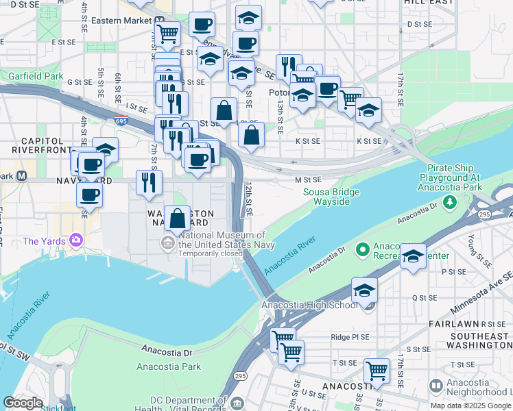 map of restaurants, bars, coffee shops, grocery stores, and more near 1220 12th Street Southeast in Washington