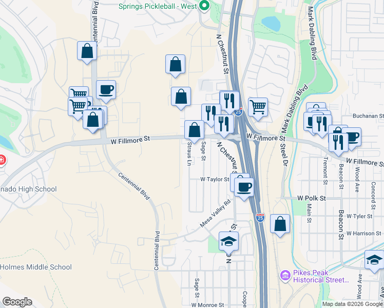 map of restaurants, bars, coffee shops, grocery stores, and more near 2923 Straus Lane in Colorado Springs
