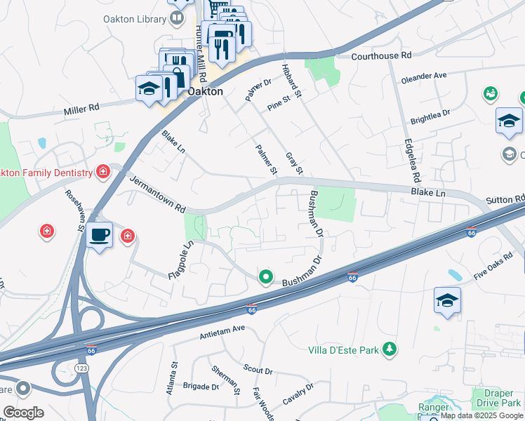 map of restaurants, bars, coffee shops, grocery stores, and more near 3051D Trevor House Drive in Oakton