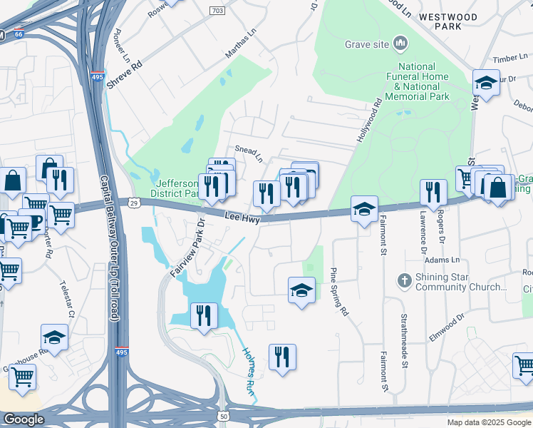 map of restaurants, bars, coffee shops, grocery stores, and more near 7718 U.S. 29 in Falls Church