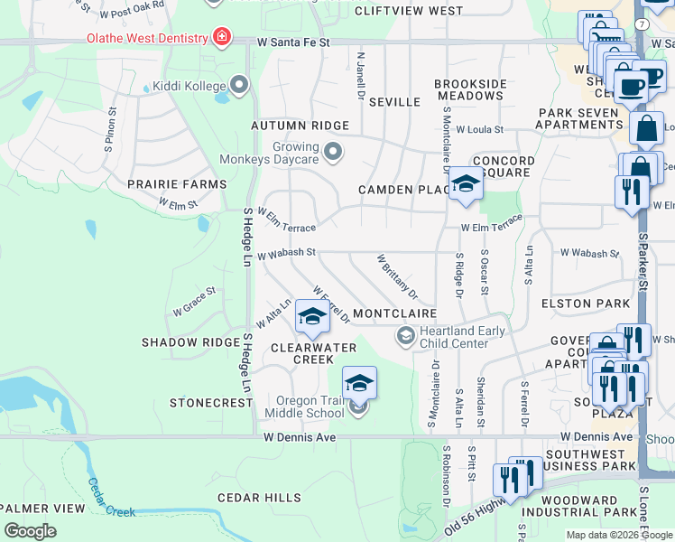 map of restaurants, bars, coffee shops, grocery stores, and more near 1852 West Chambery Drive in Olathe
