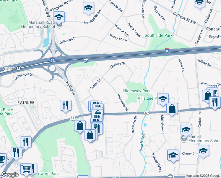 map of restaurants, bars, coffee shops, grocery stores, and more near 2900 Hideaway Road in Fairfax