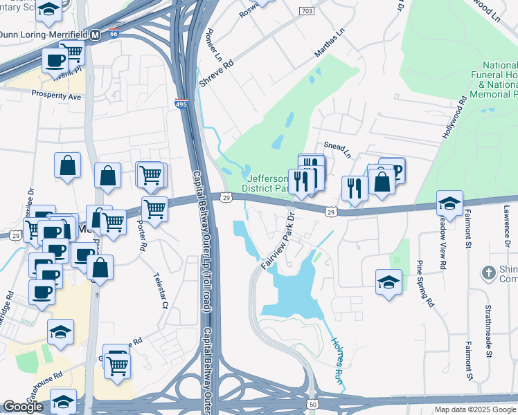 map of restaurants, bars, coffee shops, grocery stores, and more near 7981 Yancey Drive in Falls Church