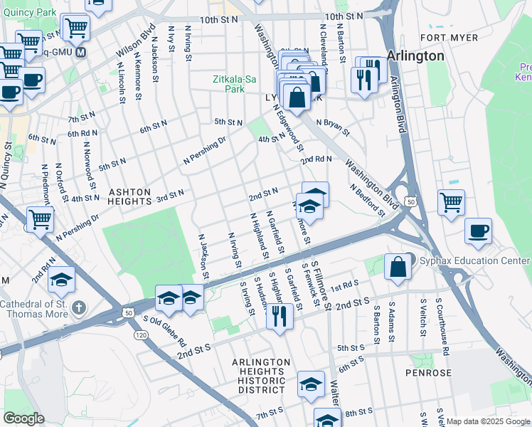 map of restaurants, bars, coffee shops, grocery stores, and more near 116 North Garfield Street in Arlington