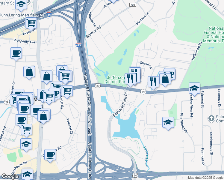 map of restaurants, bars, coffee shops, grocery stores, and more near 7981 Yancey Drive in Falls Church
