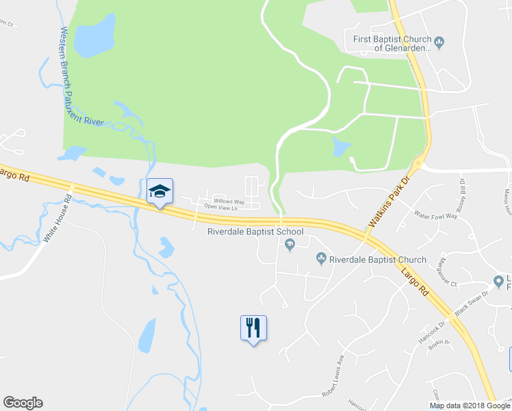 map of restaurants, bars, coffee shops, grocery stores, and more near 12400 Open View Lane in Upper Marlboro