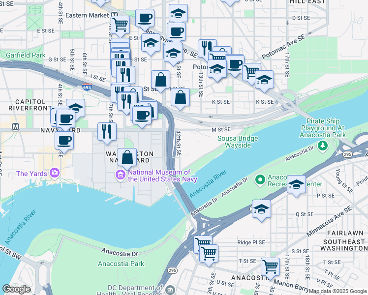 map of restaurants, bars, coffee shops, grocery stores, and more near 101 Independence Avenue Southeast in Washington