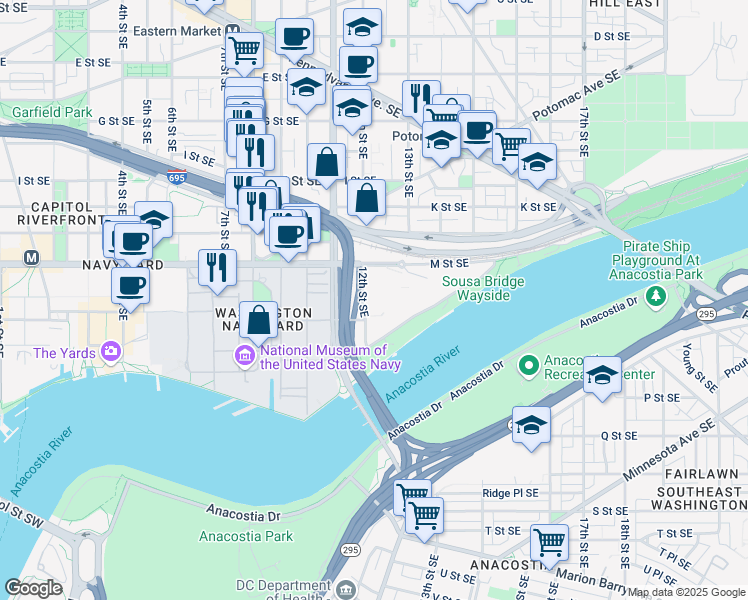map of restaurants, bars, coffee shops, grocery stores, and more near 1220 12th Street Southeast in Washington
