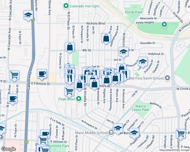 map of restaurants, bars, coffee shops, grocery stores, and more near 917 Carlisle Street in Colorado Springs