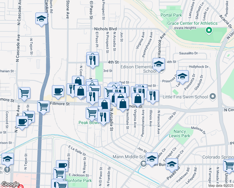 map of restaurants, bars, coffee shops, grocery stores, and more near 901 Carlisle Street in Colorado Springs