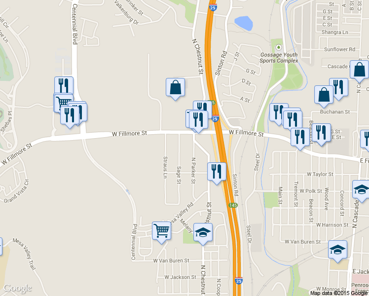 map of restaurants, bars, coffee shops, grocery stores, and more near 2925 Sage Street in Colorado Springs