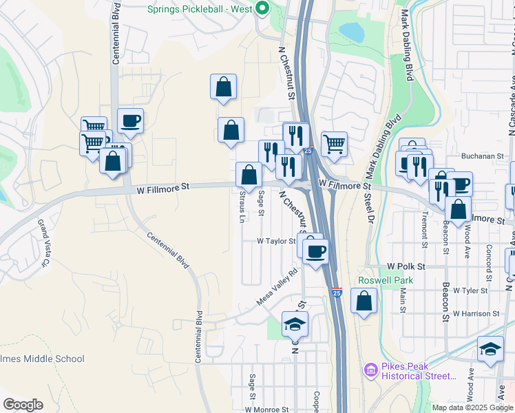 map of restaurants, bars, coffee shops, grocery stores, and more near 2925 Sage Street in Colorado Springs