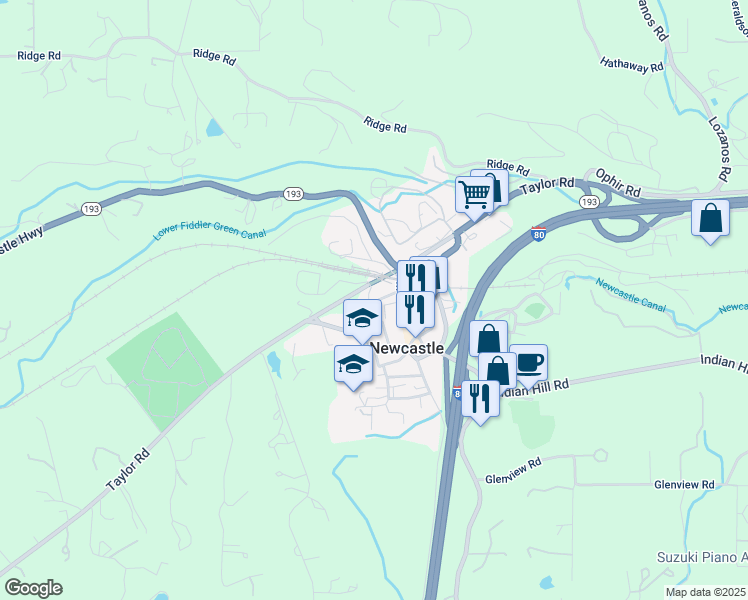 map of restaurants, bars, coffee shops, grocery stores, and more near 9031 Page Street in Newcastle