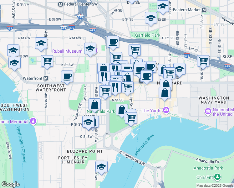 map of restaurants, bars, coffee shops, grocery stores, and more near 101 Independence Avenue Southeast in Washington