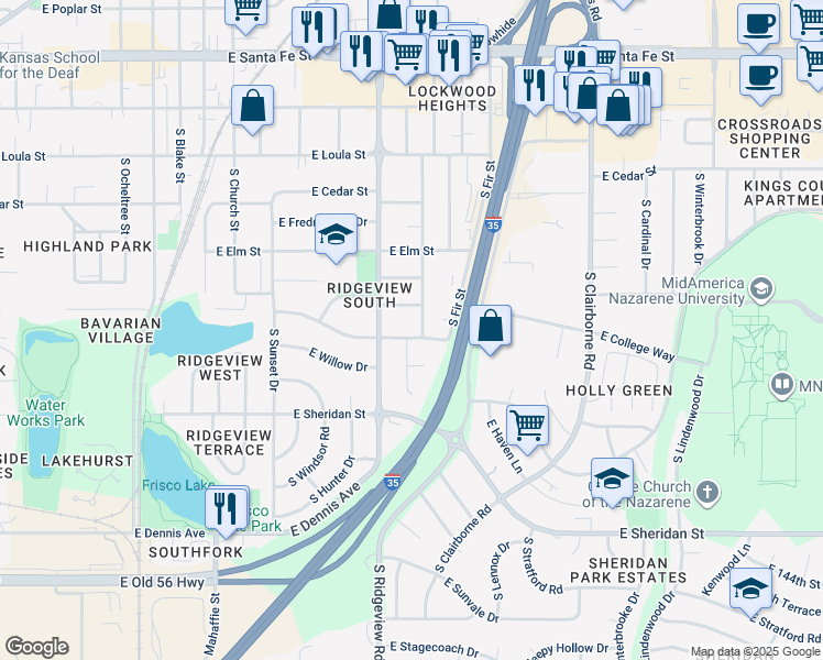 map of restaurants, bars, coffee shops, grocery stores, and more near 1400 East Ridgeway Drive in Olathe