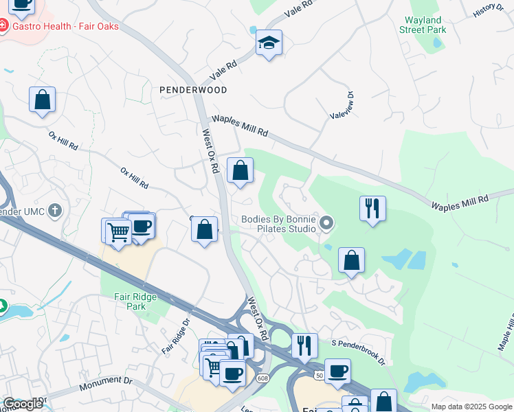 map of restaurants, bars, coffee shops, grocery stores, and more near 12103 Greenway Court in Fairfax