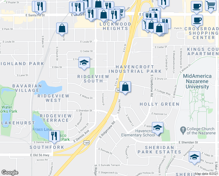 map of restaurants, bars, coffee shops, grocery stores, and more near 1400 East Ridgeway Drive in Olathe