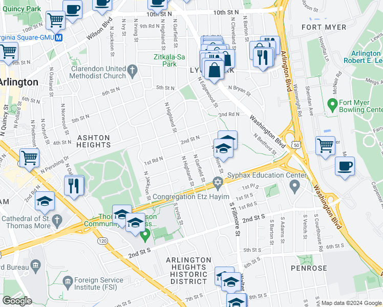 map of restaurants, bars, coffee shops, grocery stores, and more near 116 North Garfield Street in Arlington