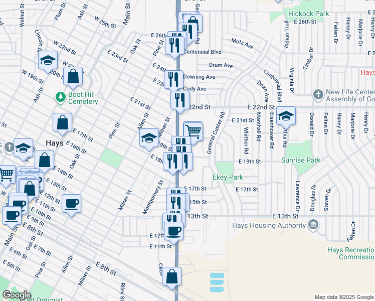 map of restaurants, bars, coffee shops, grocery stores, and more near 1902 Vine Street in Hays
