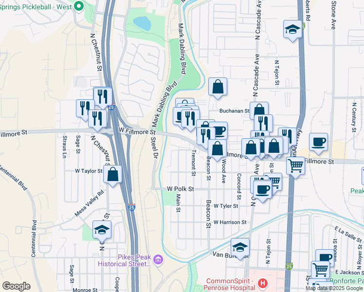 map of restaurants, bars, coffee shops, grocery stores, and more near 409 West Fillmore Street in Colorado Springs