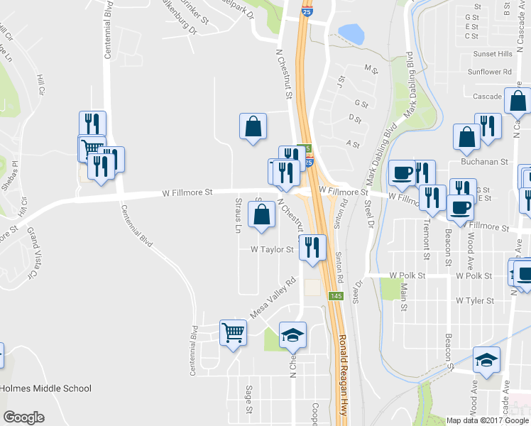 map of restaurants, bars, coffee shops, grocery stores, and more near 2923 Sage Street in Colorado Springs