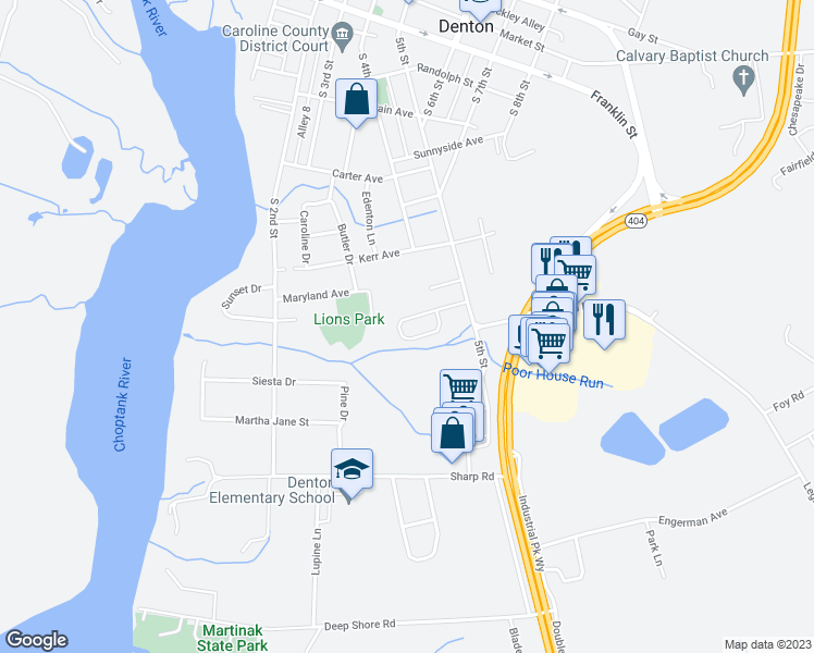 map of restaurants, bars, coffee shops, grocery stores, and more near 316 Sydney Lane in Denton