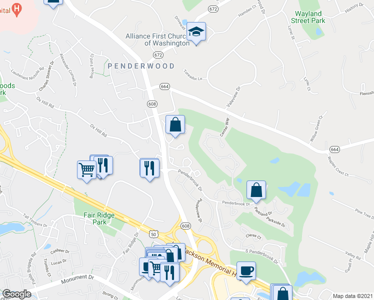 map of restaurants, bars, coffee shops, grocery stores, and more near 12103 Greenway Court in Fairfax