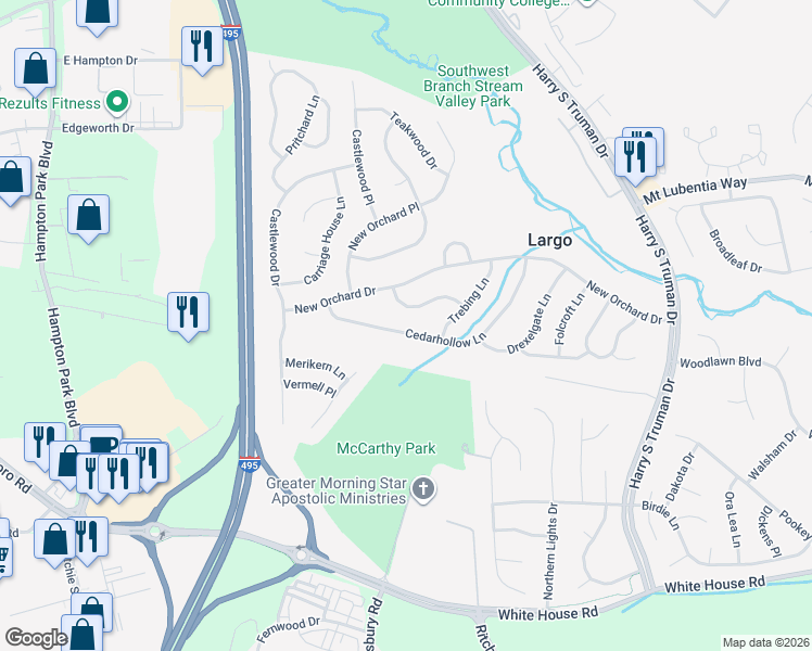 map of restaurants, bars, coffee shops, grocery stores, and more near 9708 Cedarhollow Lane in Upper Marlboro