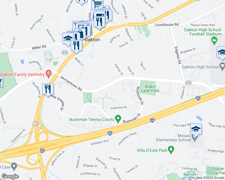 map of restaurants, bars, coffee shops, grocery stores, and more near 3050A Trevor House Drive in Oakton