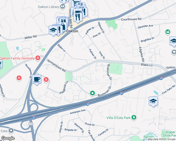map of restaurants, bars, coffee shops, grocery stores, and more near 3050A Trevor House Drive in Oakton