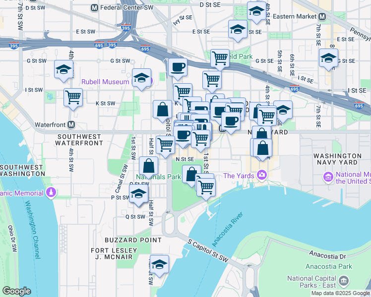 map of restaurants, bars, coffee shops, grocery stores, and more near 1201 Half Street Southeast in Washington
