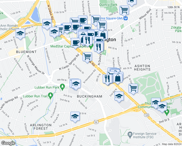 map of restaurants, bars, coffee shops, grocery stores, and more near 4225 North Henderson Road in Arlington