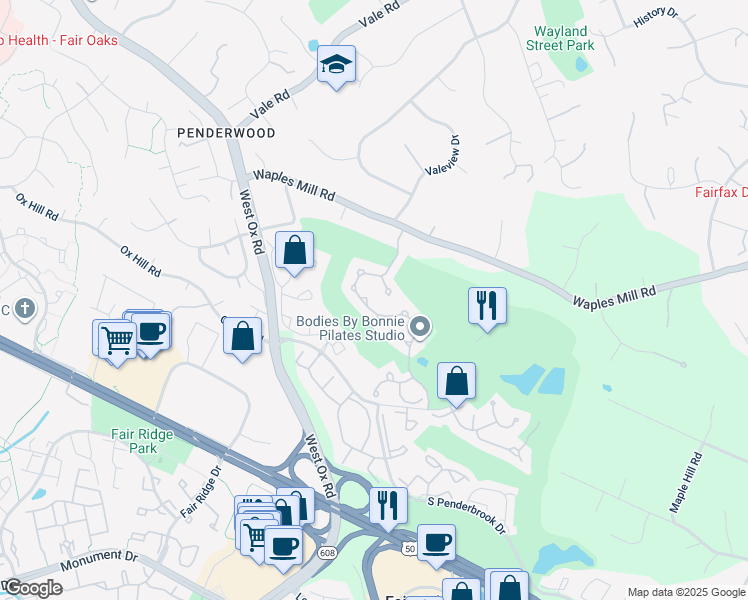 map of restaurants, bars, coffee shops, grocery stores, and more near 3751 Center Way in Fairfax
