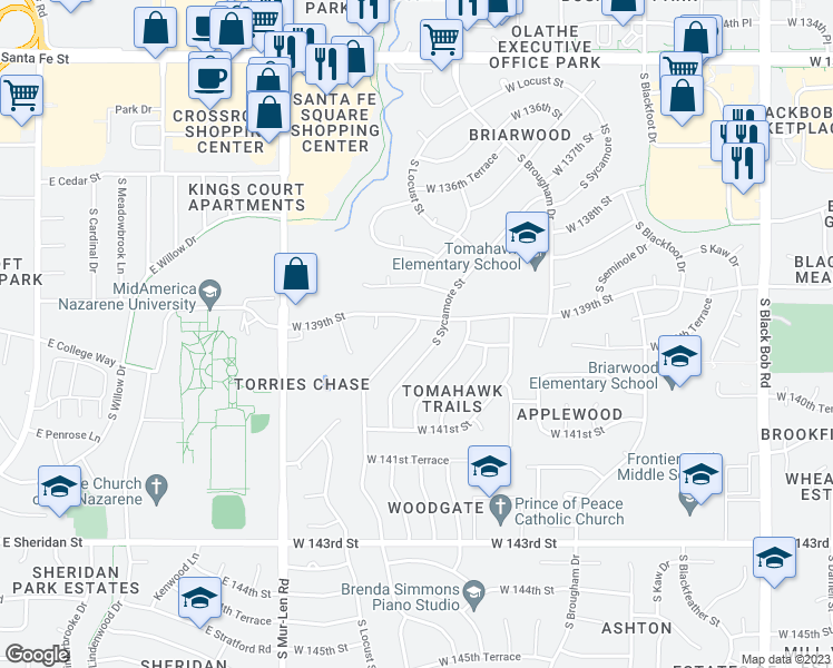 map of restaurants, bars, coffee shops, grocery stores, and more near 13909 South Summertree Lane in Olathe