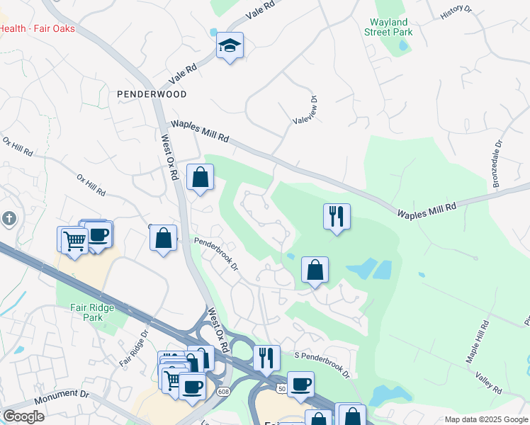 map of restaurants, bars, coffee shops, grocery stores, and more near 12003 Settle Court in Fairfax