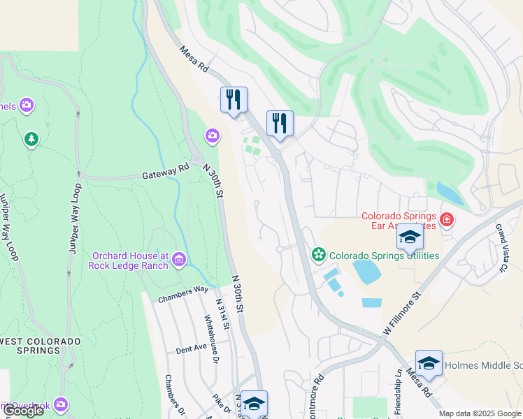 map of restaurants, bars, coffee shops, grocery stores, and more near 3061 Treeline View in Colorado Springs