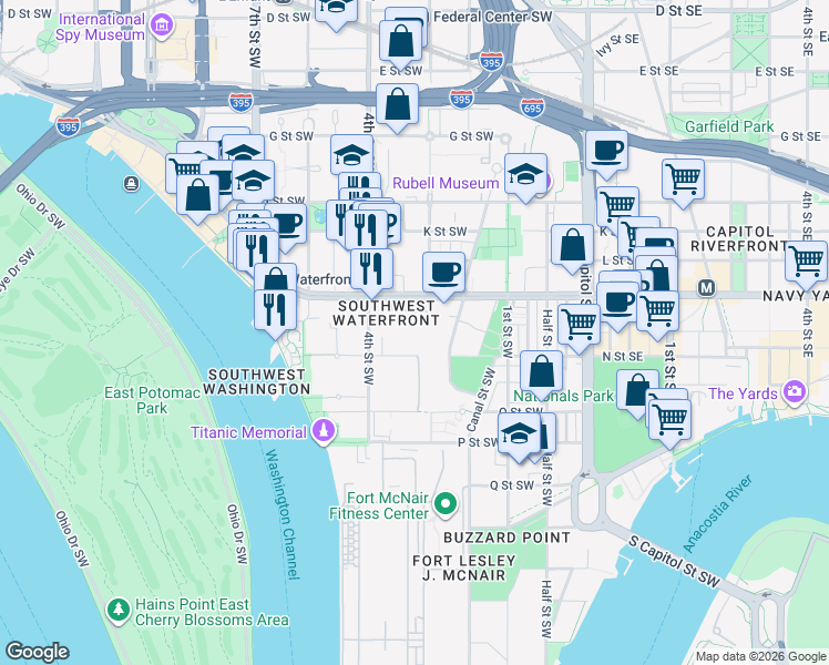 map of restaurants, bars, coffee shops, grocery stores, and more near 101 Independence Avenue Southeast in Washington