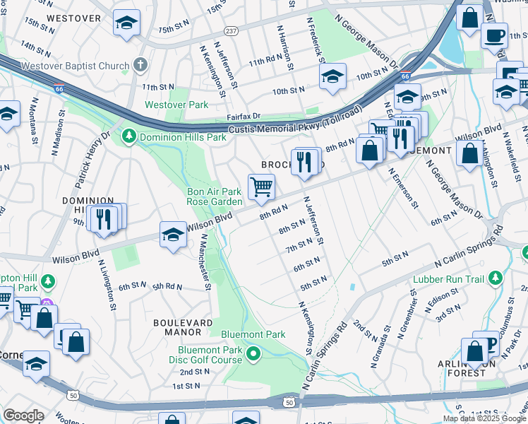 map of restaurants, bars, coffee shops, grocery stores, and more near 5665 8th Road North in Arlington