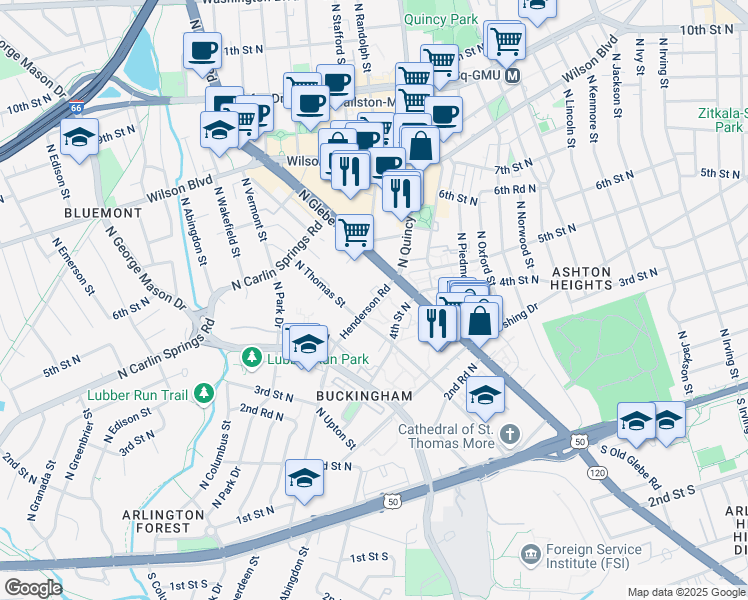 map of restaurants, bars, coffee shops, grocery stores, and more near 4225 North Henderson Road in Arlington