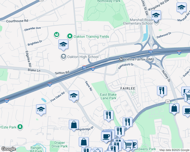 map of restaurants, bars, coffee shops, grocery stores, and more near 2907 Saintsbury Plaza in Fairfax